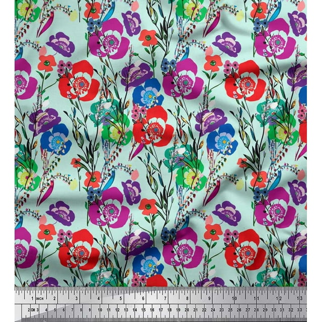 Soimoi Poly Georgette Fabric Leaves & Poppy Floral Print Fabric by the Yard 52 Inch Wide