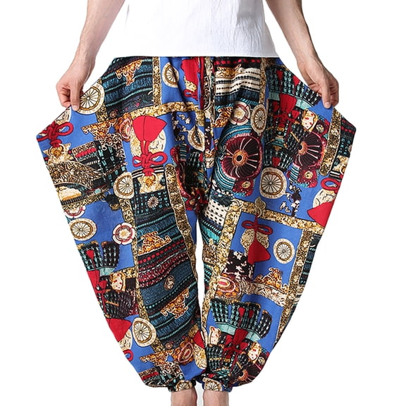 IROINNID Men's Harem Pants Print Retro Mid Waist Bloomers Pants Crotch Trousers Comfort Waist Pants