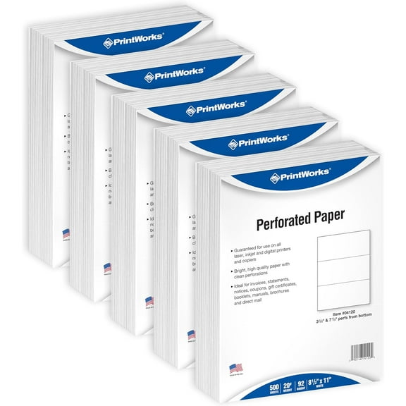 PrintWorks Professional 3 Part Perforated Paper 8.5” x 11” - Perfect For W-2, 1099, & Statement Use - Made in the USA - 2500 Sheets - 20 lb - A4 Paper - Printer Compatible - White (04120C)