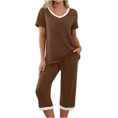 

RQYYD Women s Sleepwear Tops with Capri Pants Pajama Sets Short Sleeve Two-Piece Pjs V Neck Lounge Sets with Pockets Loungewear Cute Sets
