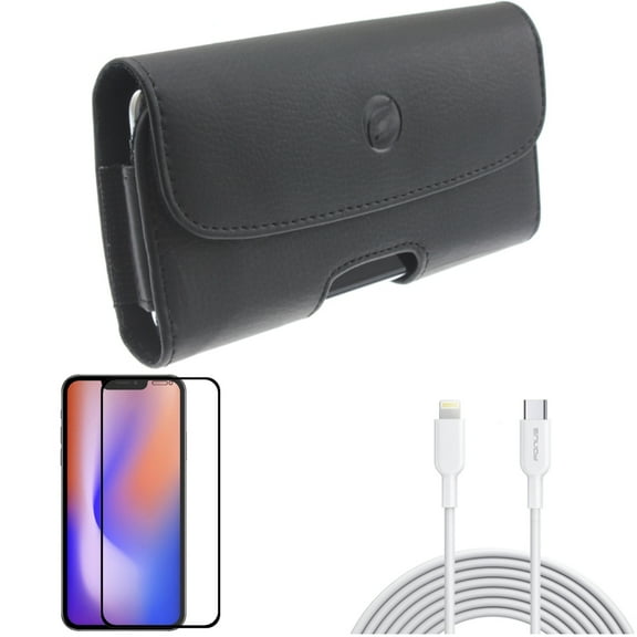 Case Belt Clip & 10ft PD Cable & Screen Protector for iPhone 13/Pro ONLY - Leather Holster Cover   USB-C Fast Charger Long   Anti-Glare Tempered Glass Matte Combo