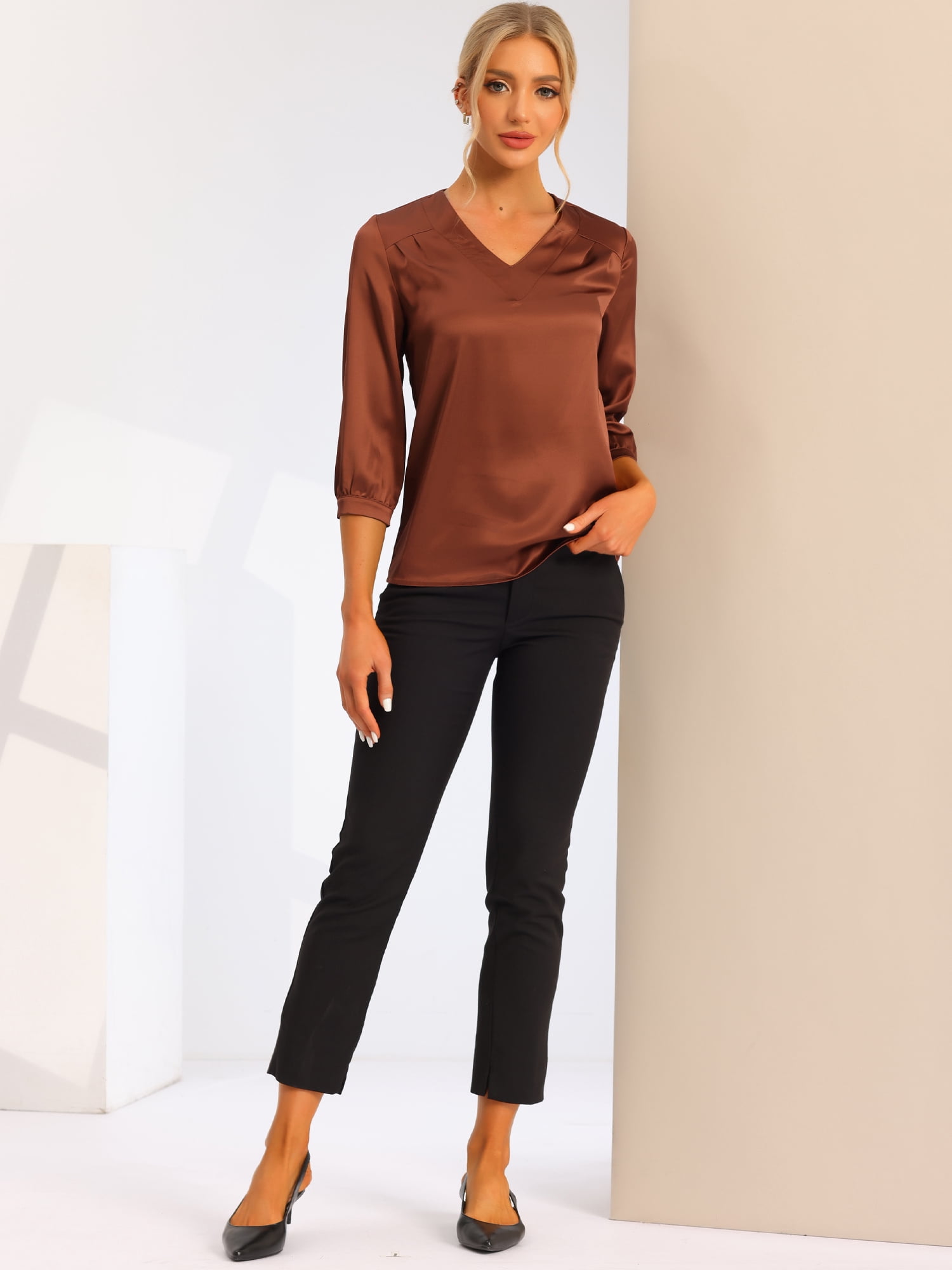 DARING DIVA Women's Satin Blouse Long Sleeve V Neck Top Shirts S Brown