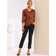 thumbnail image 3 of Blusa de satén para mujer Camisas informales sólidas con cuello en V de manga 3/4 Marrón S, 3 of 6