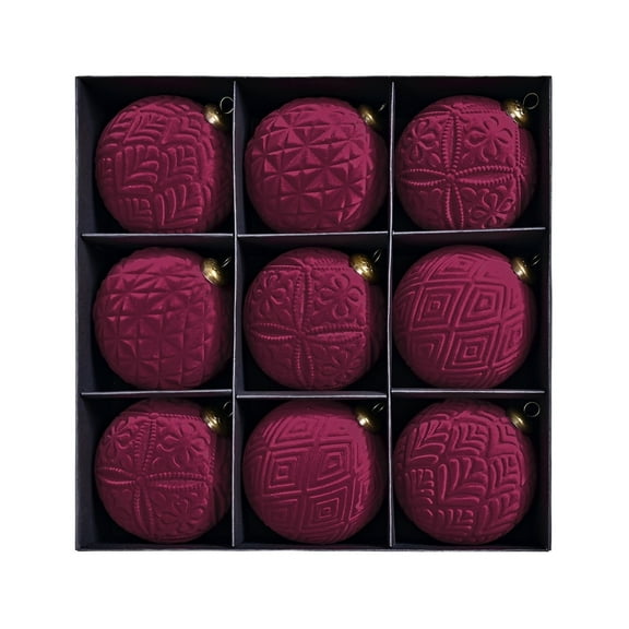9PCS Velvet Christmas Ornaments 4 Inch, Flocked Shatterproof Xmas Tree Balls in Burgundy Red for Holiday Home Wedding Party Tree Decorations