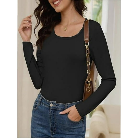 Womens Long Sleeve T Shirt Scoop Neck Shirts Skinny Fitted Casual Basic Tops