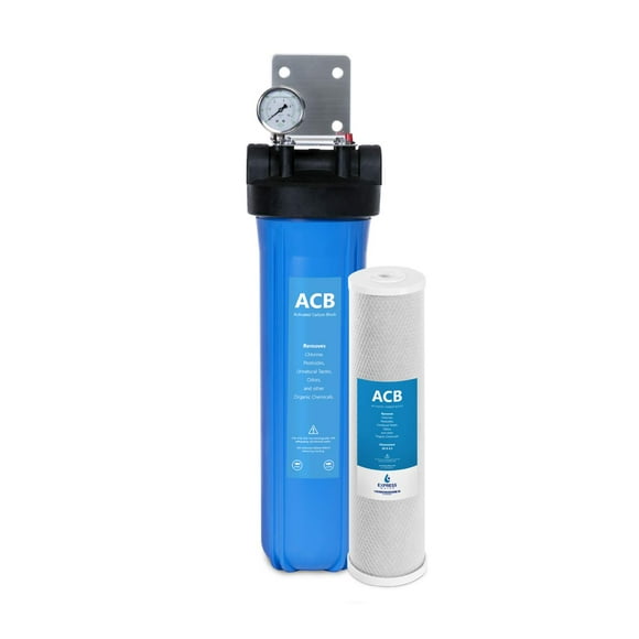 Express Water Whole House Water Filter, 1 Stage Home Water Filtration System, Carbon Filter, Includes Pressure Gauges, Easy Release, And 1 Inch Connections.