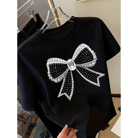 Women's Casual Versatile Crew‑Neck Short‑Sleeve T‑Shirt With Light‑Luxury Rhinestone Bow Print