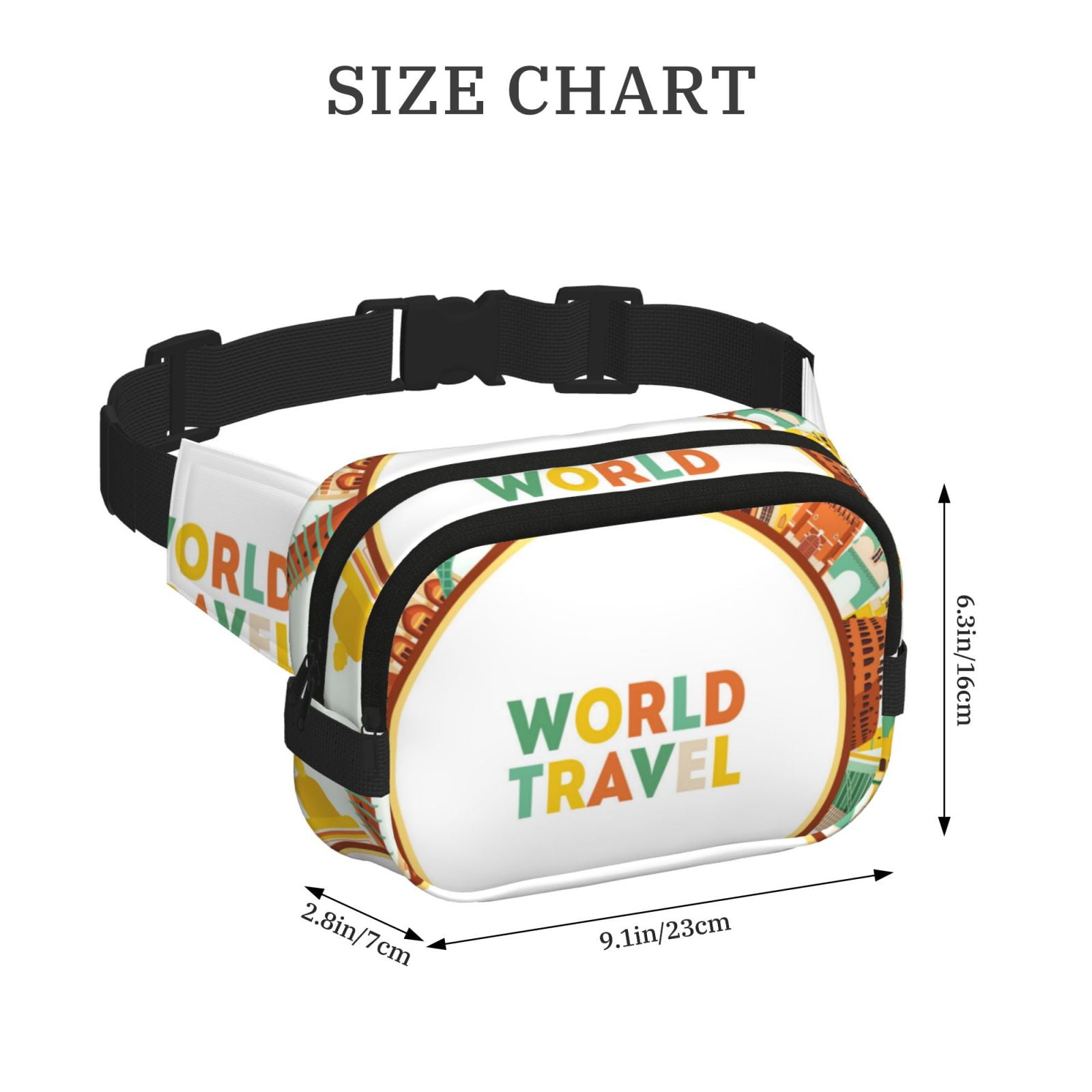 Picia World Travel3 Print Square Double-Layer Waist Bag Mini Adjustable Waist Belt Bag Exercise Running Travel Hiking