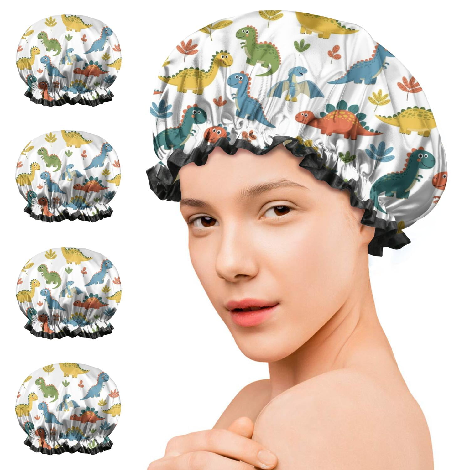 Shower Caps,Colorful Dinosaur and Leaf Pattern Waterproof Shower Cap for Women 4 Pieces,Double Reusable Hair Cover for Shower PEVA Elastic Stretch Hem