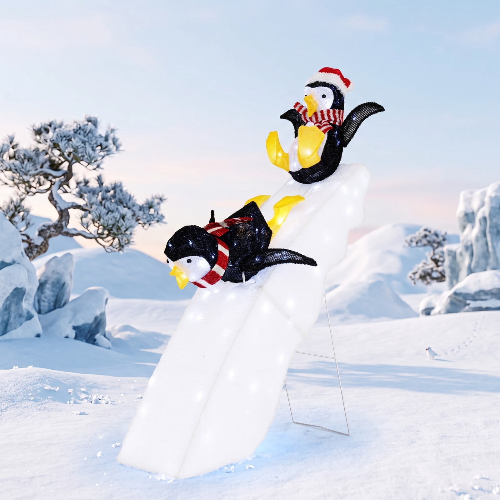 RUIE 4 Feet Christmas Penguin Ice Skating Decoration with Snowy Slide, 130 LED Lights Lighted Outdoor Indoor Holiday Yard Decor, Black White Yellow