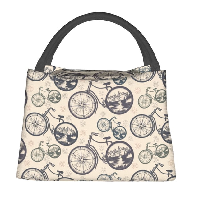 Kdxio Compass And Mountains In Bicycle Wheels for Insulated Lunch Bag Thermal Aluminum Foil Liner Food Carrier Cooler Tote Oxford Hand Wash Portable Picnic Work Lightweight Stand Upright