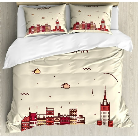Champagne Bedding Polish Duvet Cover Set, Warsaw Calligraphy with a Skyline Graphics, Decorative Bedding Set with Pillow Shams, Champagne Dark Salmon, by Ambesonne ()