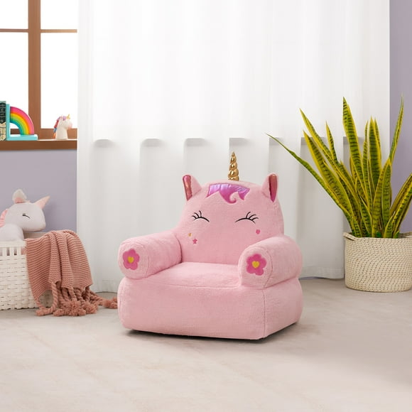 Lounge & Co Kids Unicorn Large Foam Filled Bean Bag Chair, Pink Plush, 25" W x 20" D x 23" H