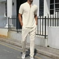 thumbnail image 2 of BADHUB Men's 2 Piece Cotton Sets Casual Short Sleeve Henley V Neck Shirts and Beach Pants with Pockets Summer Vacation Outfits Summer Savings Beige S, 2 of 5