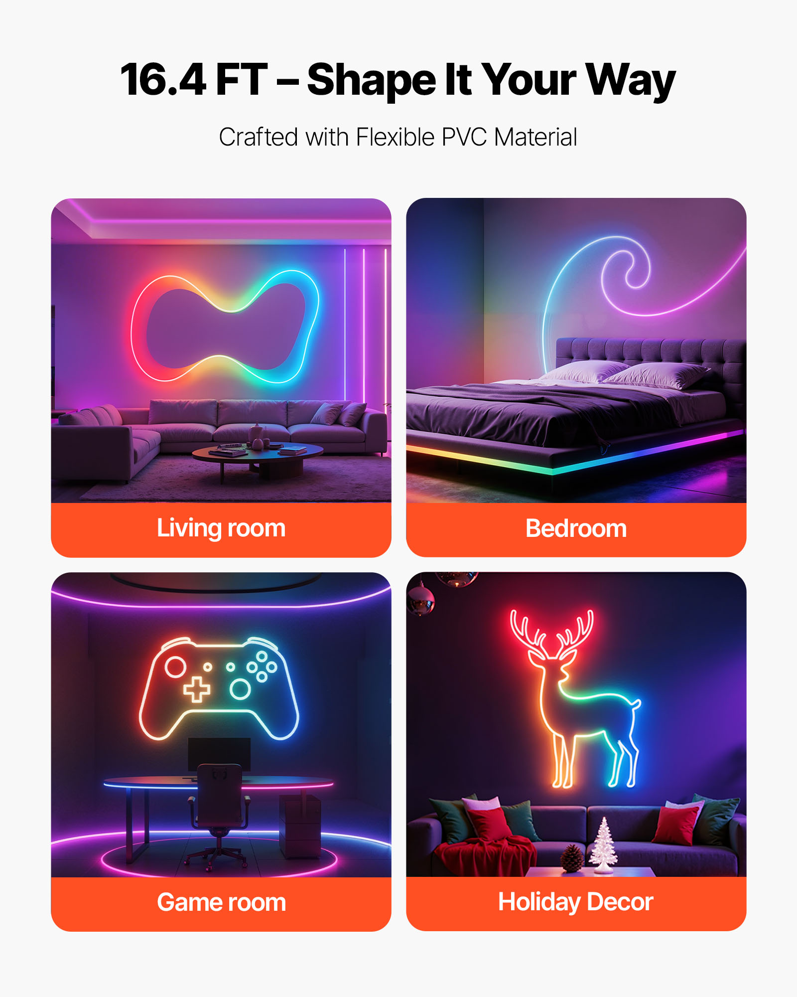 VEVOR LED Neon Rope Light, 16.4 ft, Flexible RGBIC LED Strip Light, Control with App/Remote, Works with Alexa & Google Assistant, Music Syncing, Custom DIY Neon Flex Lights, for Bedroom Gaming Indoor
