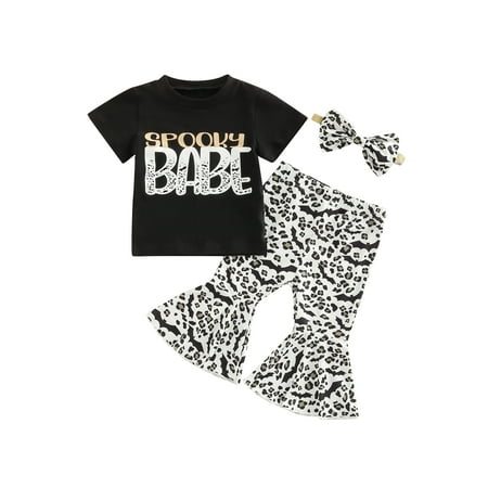 

Amuver Infant Girls 3Pcs Outfits Short Sleeve Round Neck Letter Print T-Shirt + Leopard Print Flared Trousers + Bowknot Headband