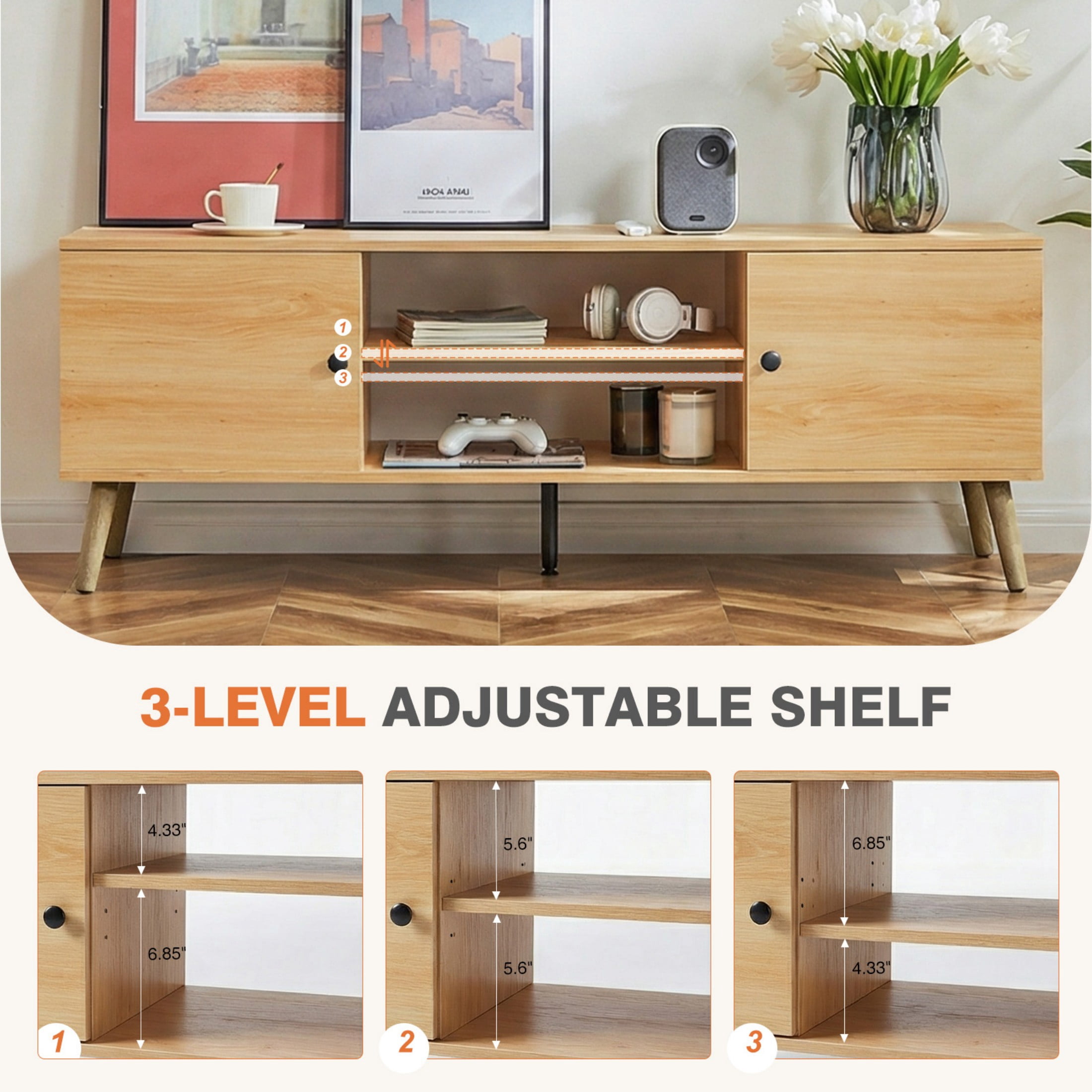 CONCETTA Wood TV Stand with 2 Storage Cabinets, Modern Entertainment Center for TVs up to 60 inches, Media Console with Adjustable Shelves and Cable Management, Wooden Color