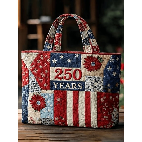 250th Anniversary Quilted Tote Bag – Patriotic American Flag Design with Floral Embroidery – High Capacity Shoulder Bag for Travel Gym – One Size