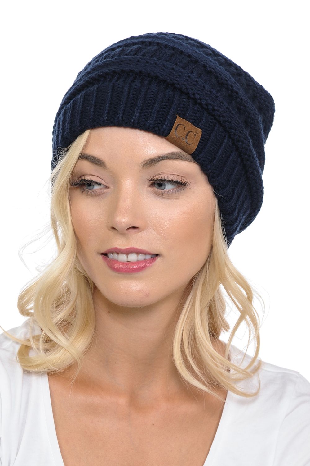 C.C Hat-20A Slouchy Thick Warm Cap Hat Skully Color Cable Knit Beanie Navy - image 2 of 2