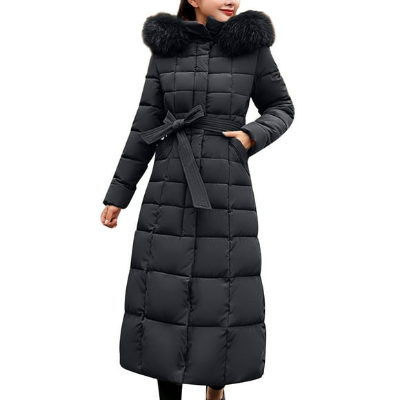 Kcodviy Women's Solid Color Long Winter Hooded Lace Up Wool Jacket for Women Winter Jacket Pocket Long Sleeve Oversized Thigh Length Coat