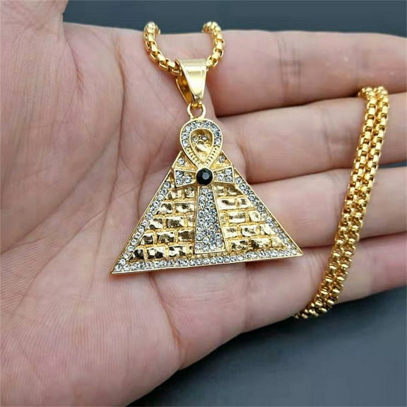 Egyptian Iced Out Bling Pyramid Ankh Cross Pendant 14K Yellow Gold Symbol Charm Necklace for Men Egypt Jewelry Gift