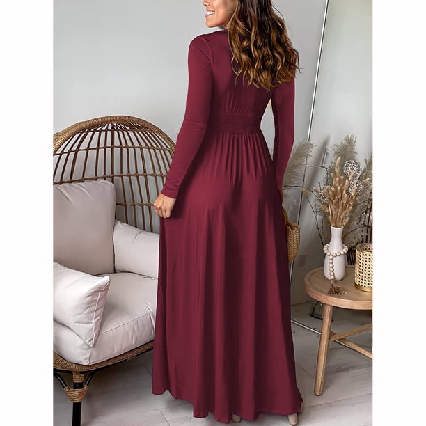 Long Sleeve Party Dress for Women Elegant Wedding Guest Evening Maxi Gown V  Neck Pleated High Split Formal Dress (Medium, Wine) - Walmart Business  Supplies