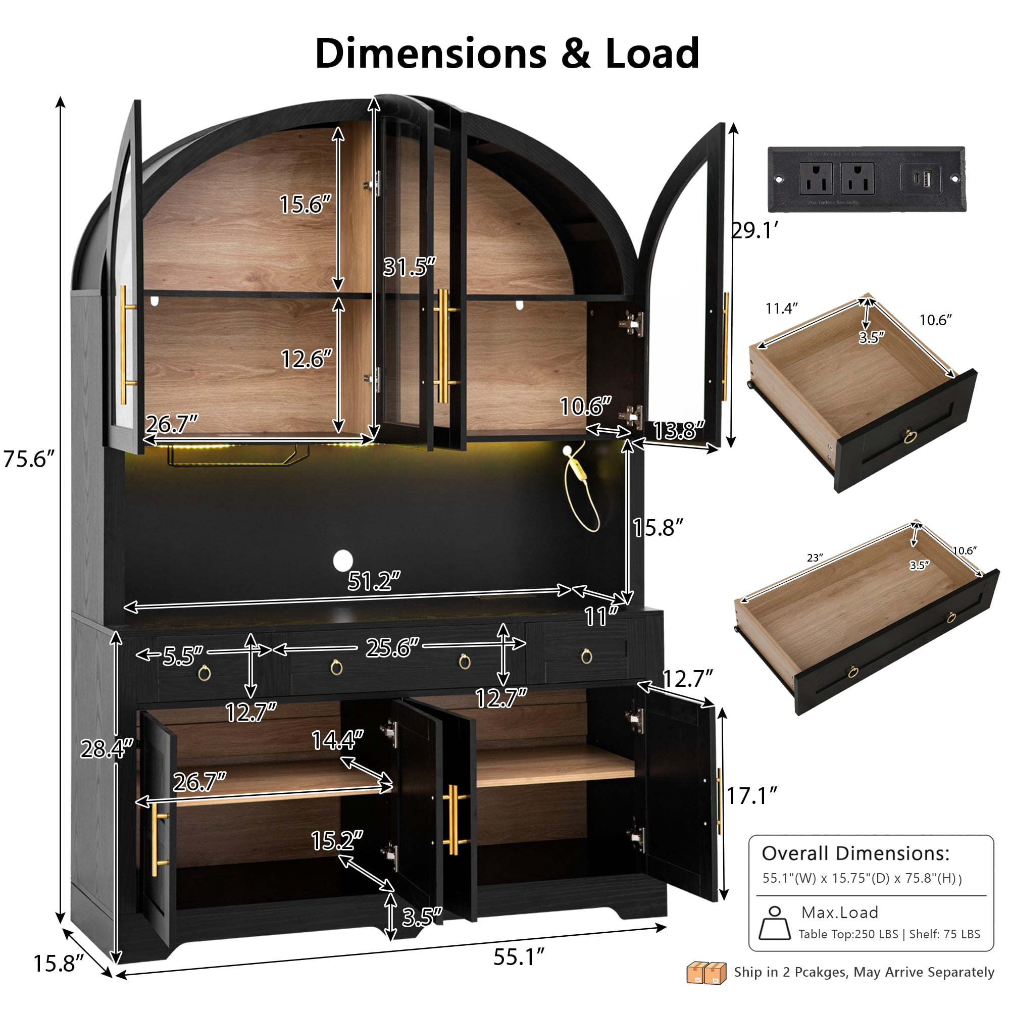 Aukfa 75.6"H Large Tall Kitchen Pantry Cabinet with Hutch, Arched Glass Doors, Built-In Charging Station & Smart LED Light,Black