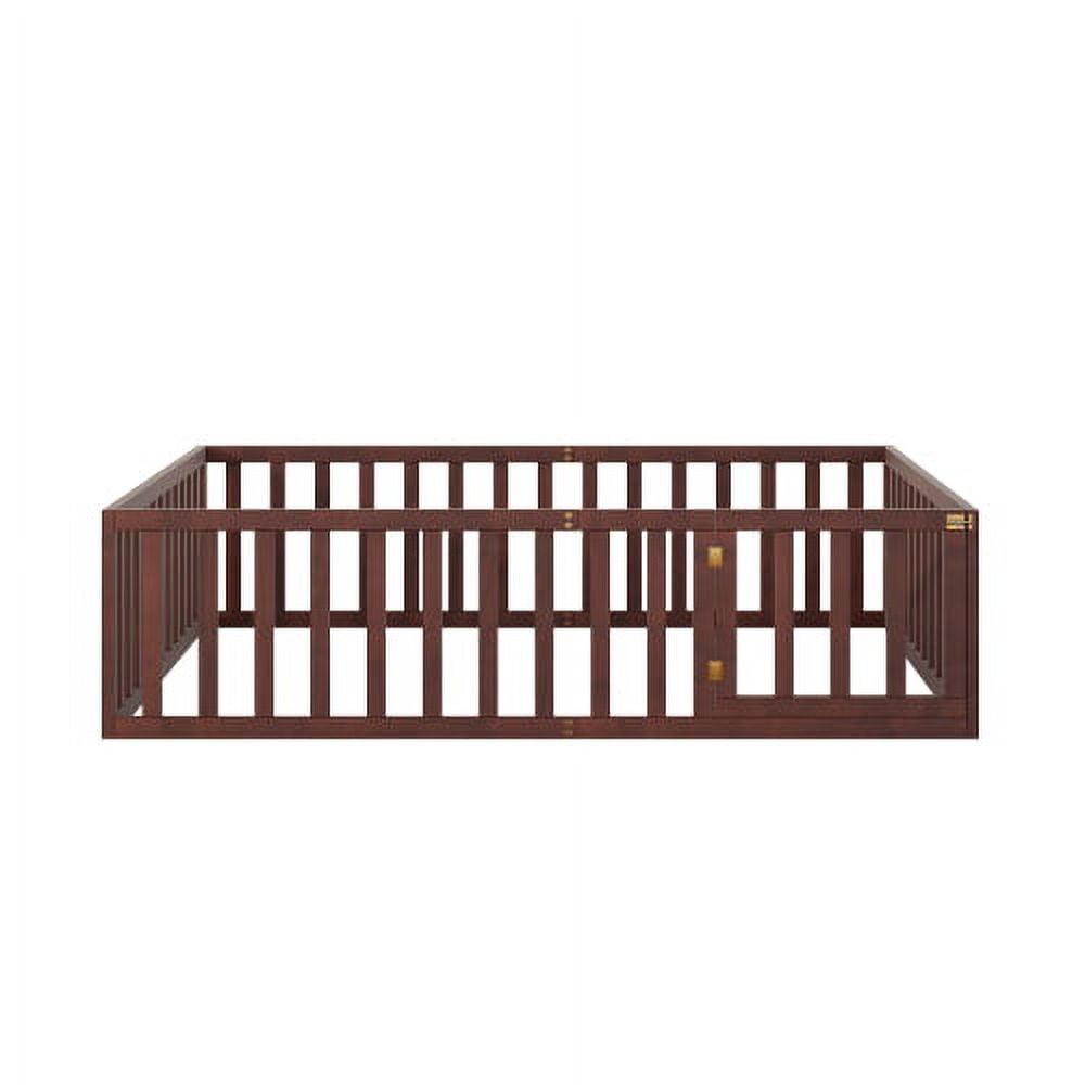 Queen Size Floor Bed for Kids, Wood Queen Montessori Bed Frame with Fence Guardrails and & Support Slats, Queen Playhouse Bed with Door Design, Kids Fence Bed Playpen Bed for Boys ,Girls, Walnut