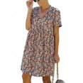 thumbnail image 1 of Femmes Mini Robe - Mignon Boho Manches Courtes V Robe Florale Robe de Plage Décontractée Robe de Balançoire, 1 of 9