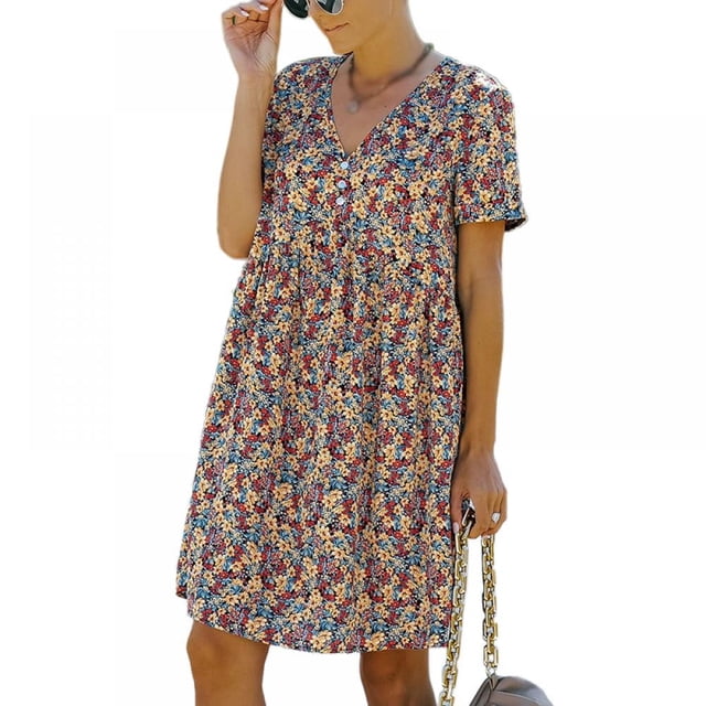 Femmes Mini Robe - Mignon Boho Manches Courtes V Robe Florale Robe de Plage Décontractée Robe de Balançoire