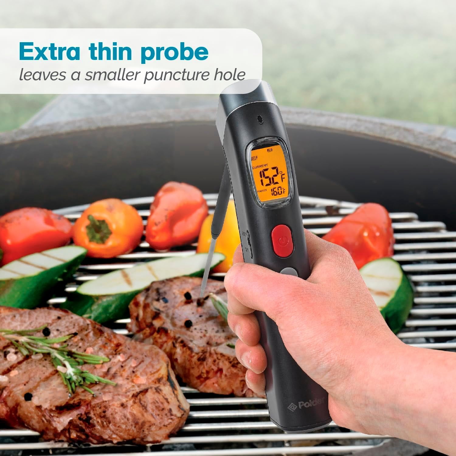 Polder Grill Partner Instant Read Thermometer for Grilling with Foldable 10" Probe, 10 Preset Temperatures and Built-in Torch Light