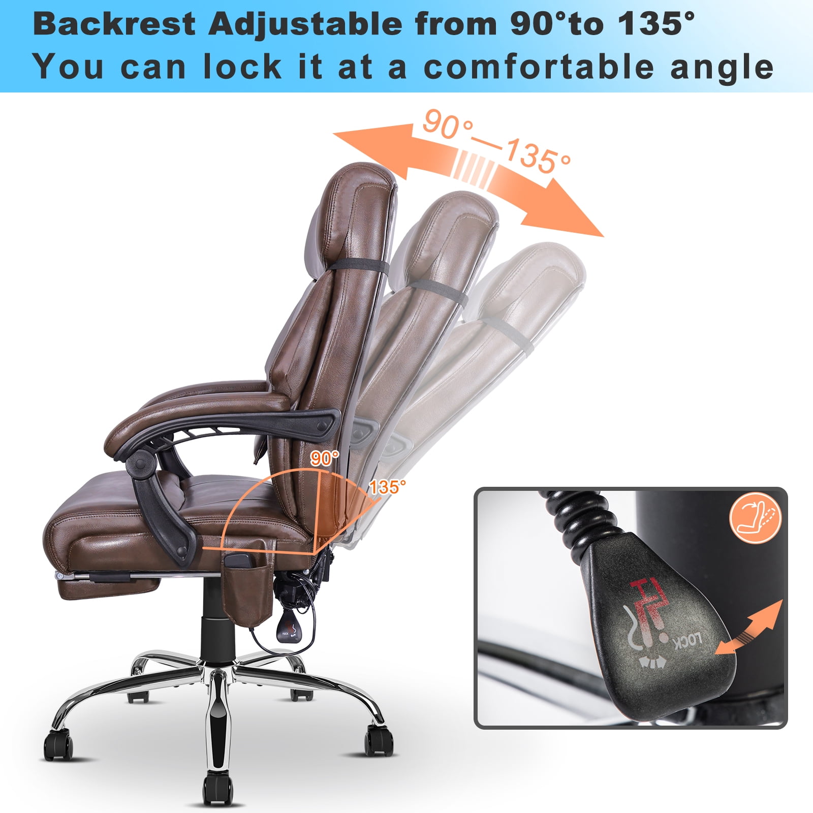 NOBLEMOOD 4 Points Massage Heated Office Chair with Foot Rest&Pillow Black Brown Ergonomic Excutive Office Chair for Adult