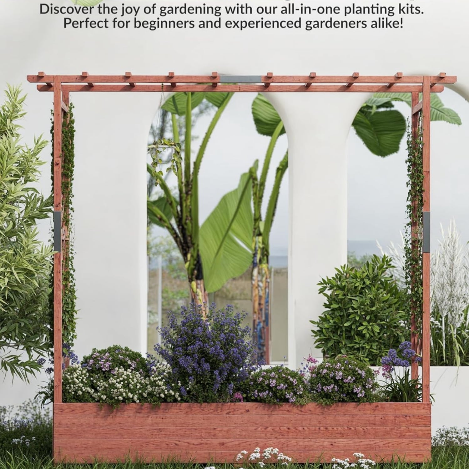 Riedhoff Outdoor Wooden Raised Garden Bed with Trellis, Hanging Roof & Side Trellis, 77.16 x 17.32 x 71.65"