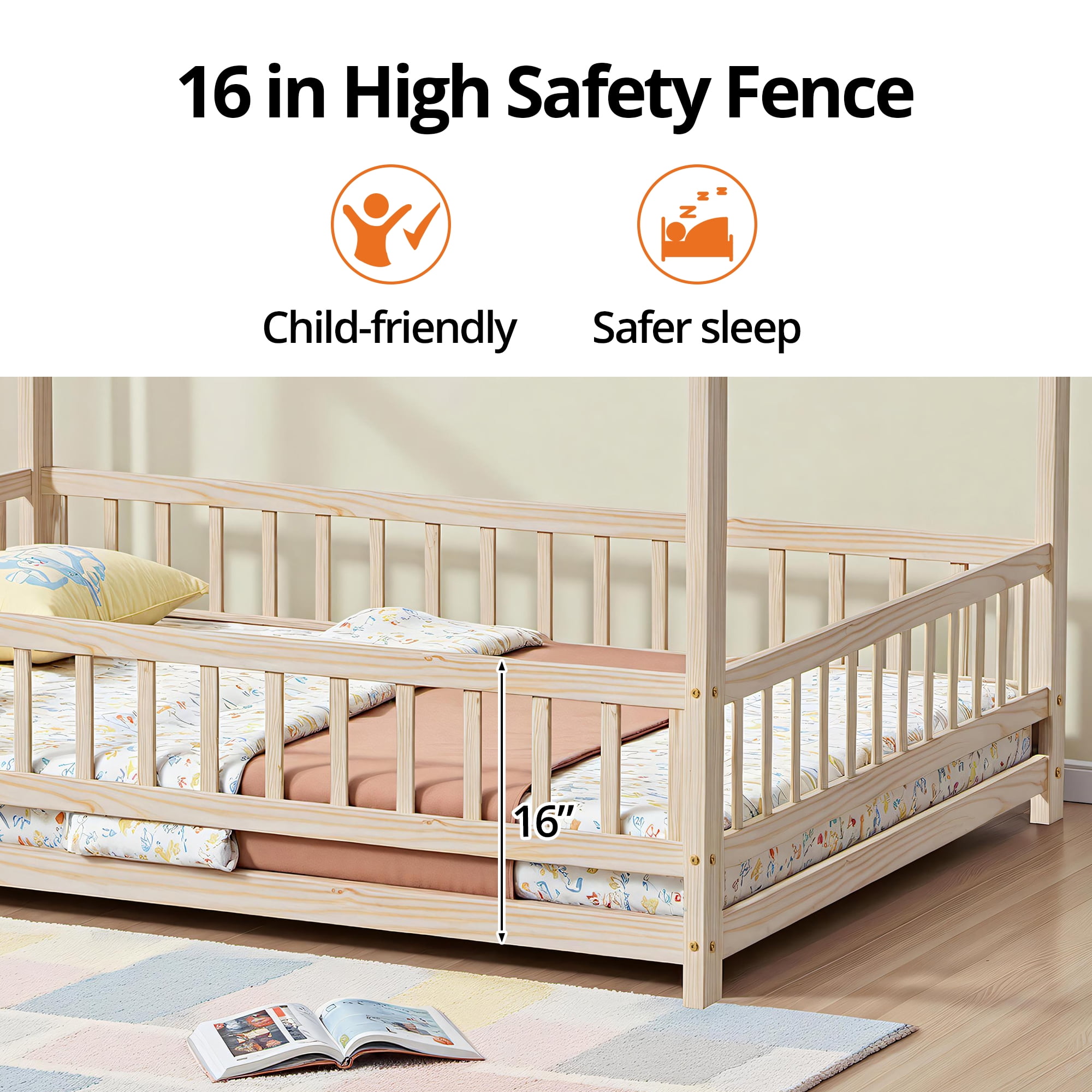 Full Size Floor Bed with Fence for Kids and Toddlers, Montessori Bed Playhouse Bed with Roof, Solid Wood Platform Bed Frame for Boys and Girls Bedroom, No Slats Included (Natural)