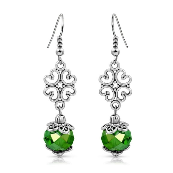 Besheek Sterling Silver Emerald Green Crystal Glass & Clover Dangle Earring