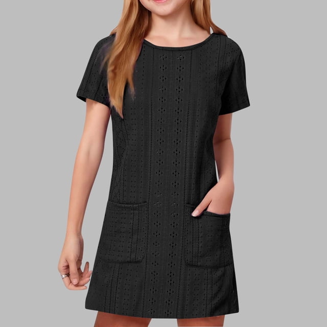 QTBIUQ Robe Ample à Manches Courtes et Col Rond pour Fille avec Double Poches, Décontractée, Quotidienne, Polyvalente, pour Vacances, Fête, Jeu d'Été, Style Mignon et à la Mode (Noir, 14-15 Ans)