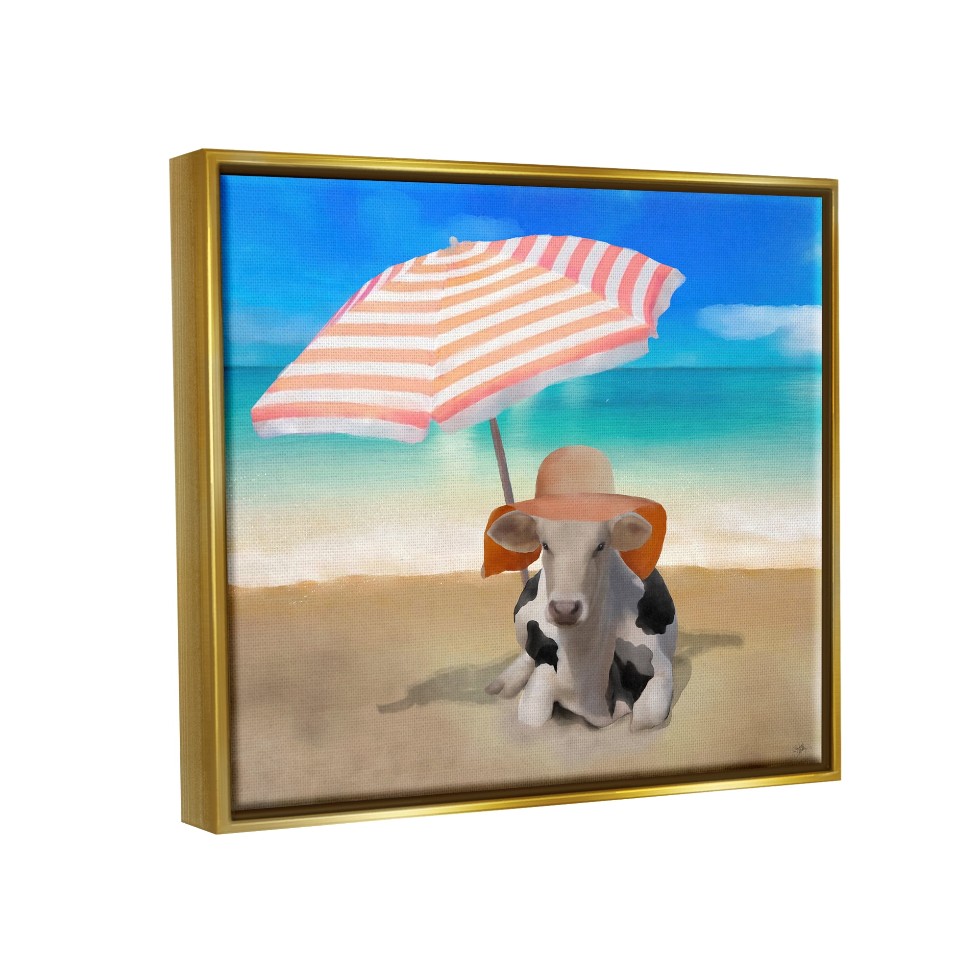 Stupell Lounging Cow Summer Beach Shore Animals & Insects Painting Gold Floater Framed Art Print Wall Art