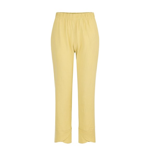 MDUKONU Women's Fashionable Linen Pants Solid Color Resistant Non See-Through Yellow XL
