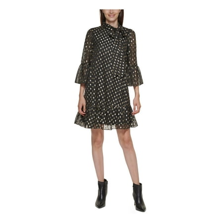 CALVIN KLEIN Womens Black Lined Sheer Tie Ruffled Keyhole Back Polka Dot Bell Sleeve Mock Neck Above The Knee Shift Dress Petites 2P