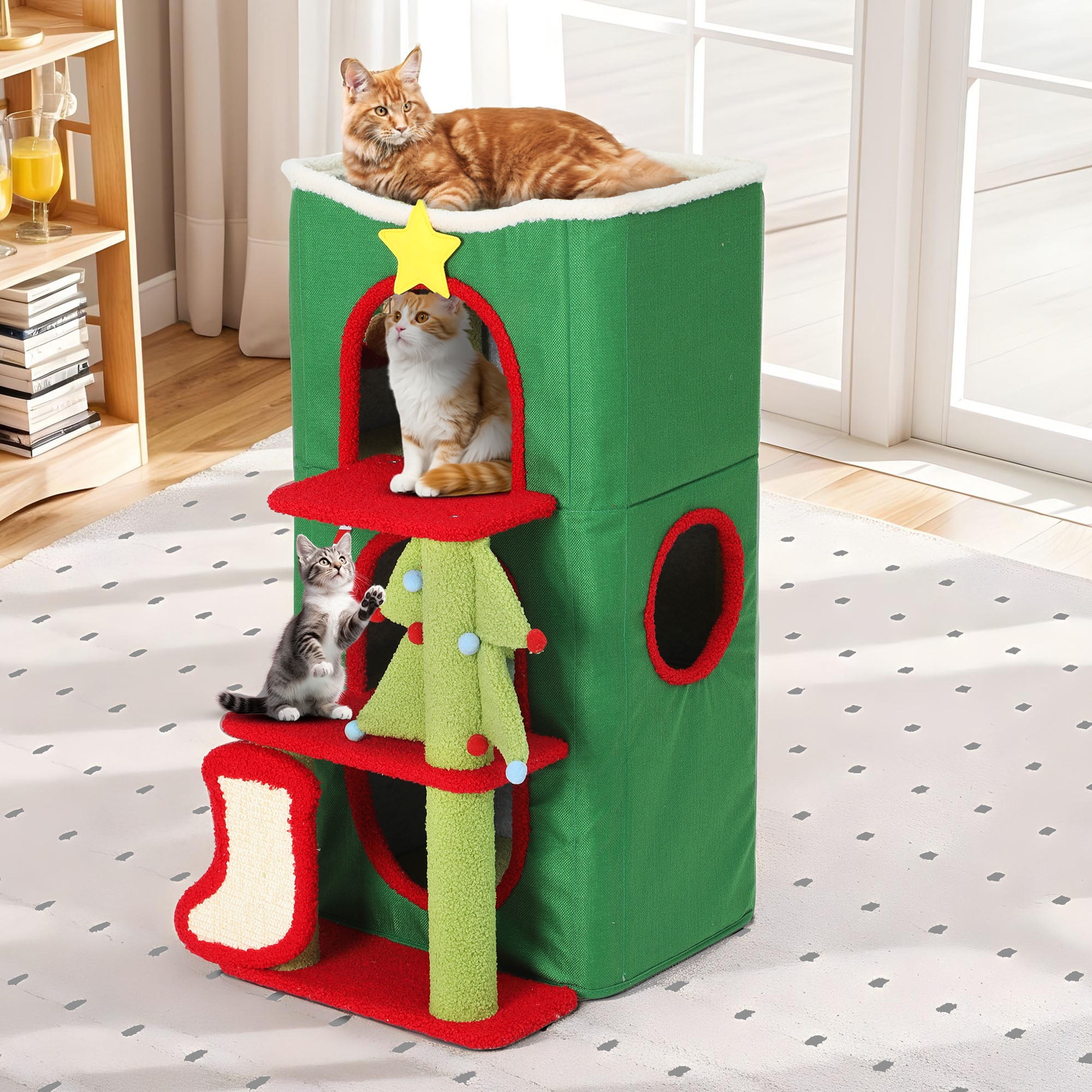 Uforic 3-Level Christmas Cat House, Indoor Cat Play House with Scratching Posts & Hideaway Cave& Hanging Plush Balls, Green