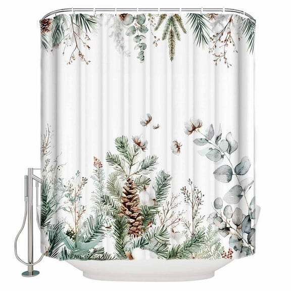 Fabric Shower Curtain, Christmas Winter Eucalyptus Leaf Cedar Fruit Plants Bathroom Curtain with 12 Hooks Waterproof No Bad Odor Machine Washable Bath Curtains for Bathroom, Spa Room, 48"x72"