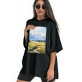 thumbnail image 3 of Plus Size Shirt for Women Black Tops for Women Short Sleeves Shirt for Women Watercolor Painting About Mountains And Fields T Shirt Crewneck Shirt for Women 4XL, 3 of 5
