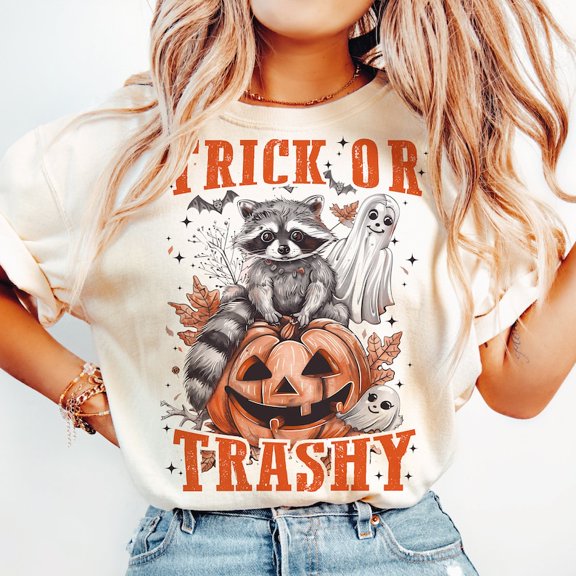 Trick or Trashy Feral Girl T-Shirt – Funny Halloween Tee with Raccoon Energy and Wild Spooky Vibes