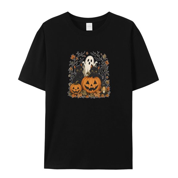 Women's Graphic T-Shirt Tops Black 3XL Floating Ghosts Black Cats Women's Tops Crew Neck Short Sleeve Tees