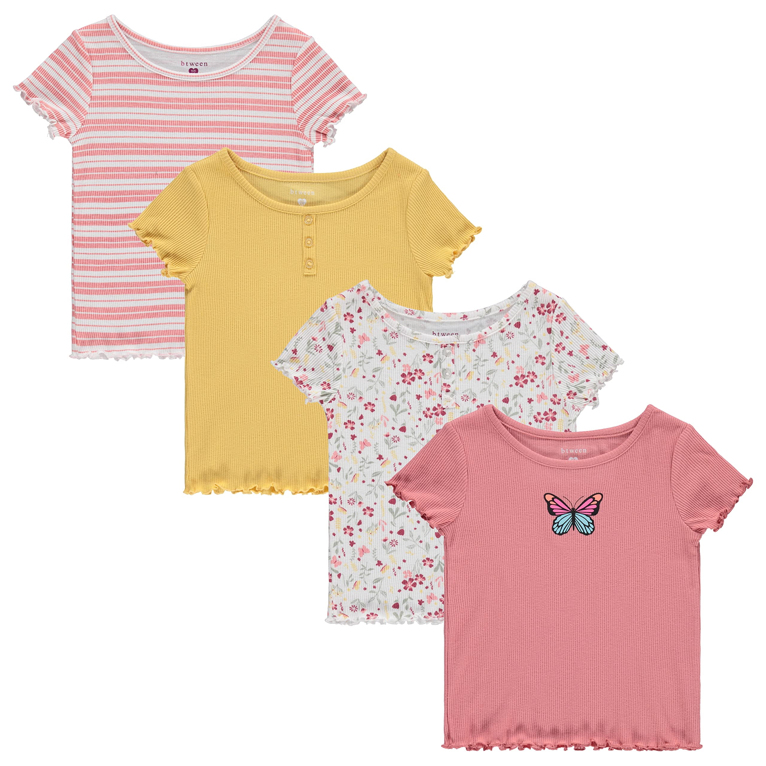 Tops 7-8 Girls Trim Pink/White, Lettuce Girl Size - 4-Pack Sleeve BTween Knit - Rib Shirts Ribbed Short