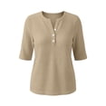thumbnail image 6 of ClodeEU Women's Waffle Knit Henley V Neck Button Elbow Sleeve Top,Casual Loose Blouse Beige,Women's Plus XL, 6 of 6