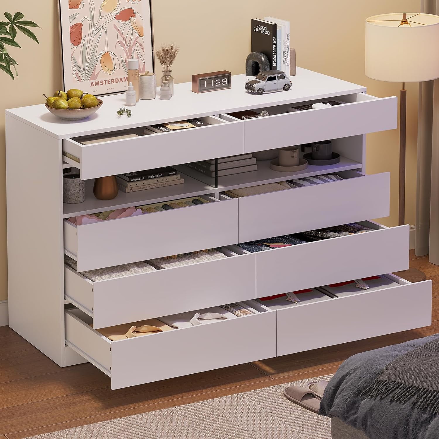 8 Drawers Dresser with Light, Wooden Chest of Drawers with Open Compartment,Modern Wide LED Dresser for Bedroom Living Room,White