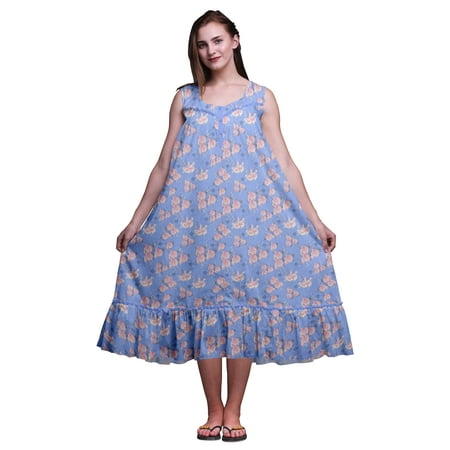 

Bimba Lavender Blue Floral Leaves & Rose Sleeveless Cotton Nightgowns For Women Printed Mid-Calf Length Sleepwear XXX-Large