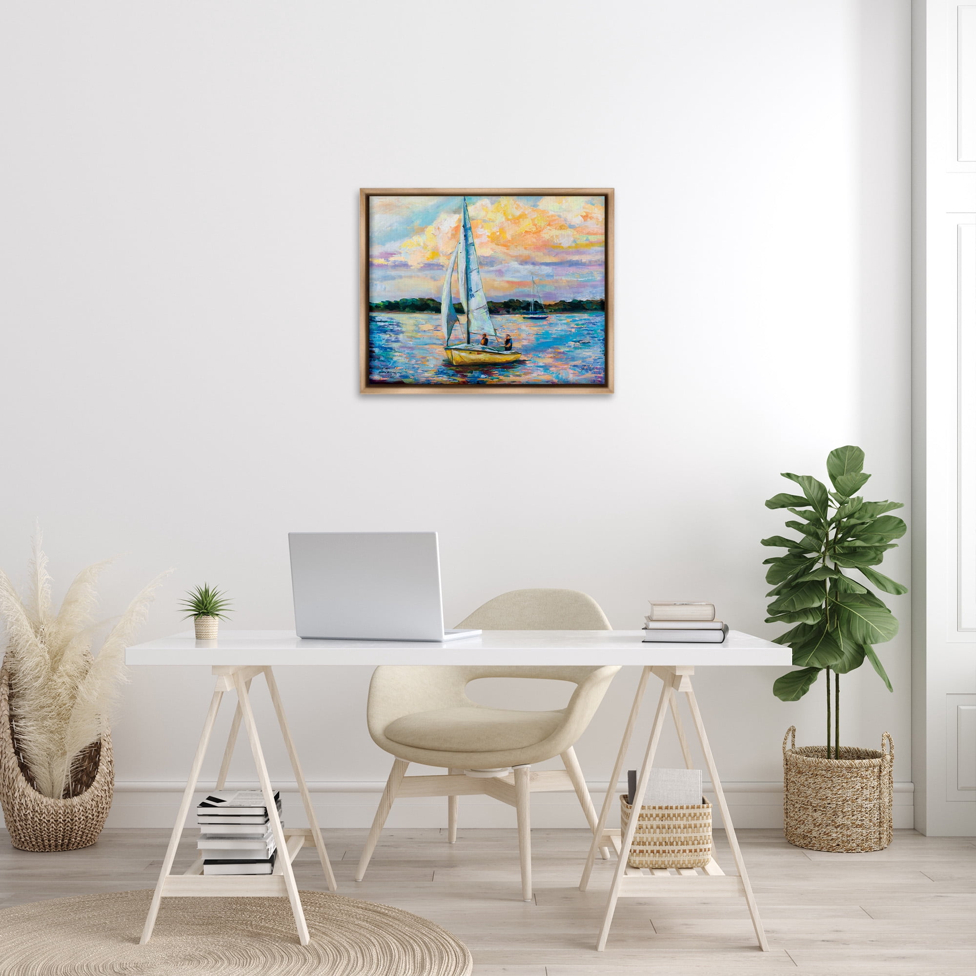 Stupell Industries Vivid Nautical Sailboat Landscape Transportation Painting Brown Floater Framed Canvas Art Print Wall Art, 31 x 25