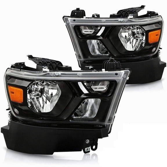 Winjet Fit 2019-2024 Ram 1500 Halogen Black Headlights Headlamps Replacement Left Right(Black housing/Clear lens)